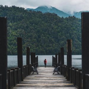 vista del muelle que llega al lago paisaje invernal