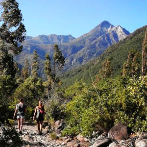 Pareja recorriendo un sendero en el Parque Nacional Tricahue.