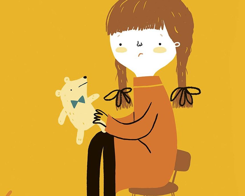 ilustración animada de niña junto a su muñeca y perro