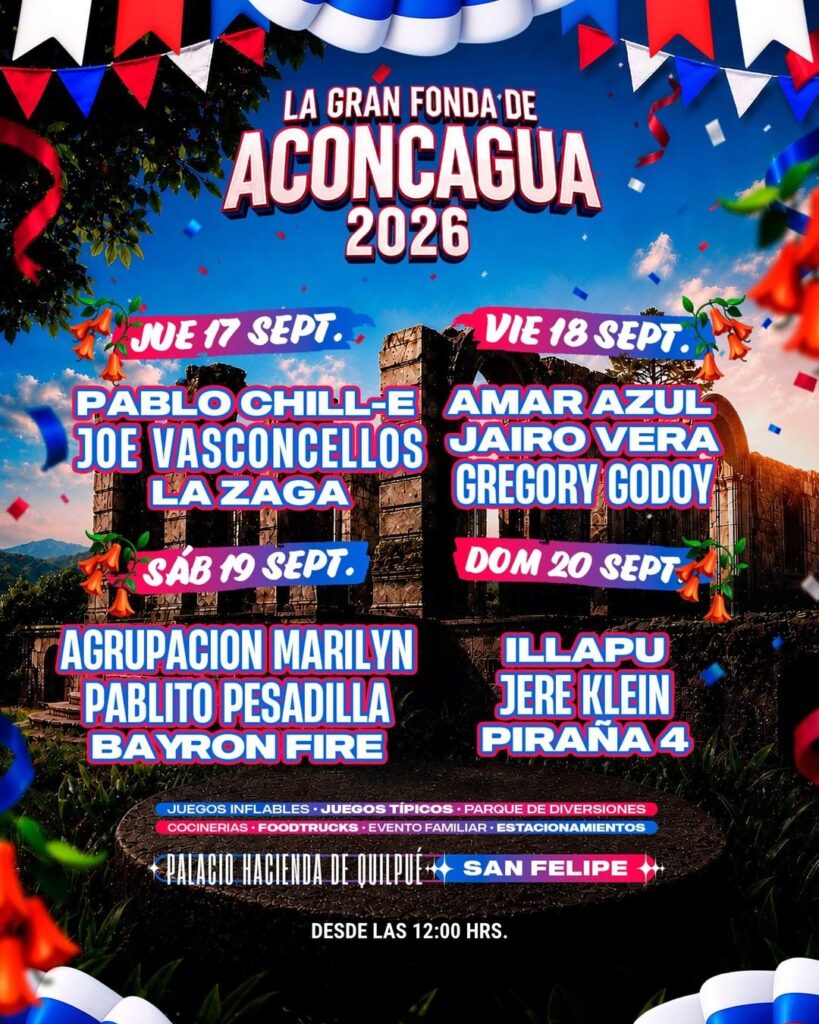 Afiche de La Gran Fonda de Aconcagua 2026 con la cartelera de artistas y las fechas del 17 al 20 de septiembre en San Felipe.