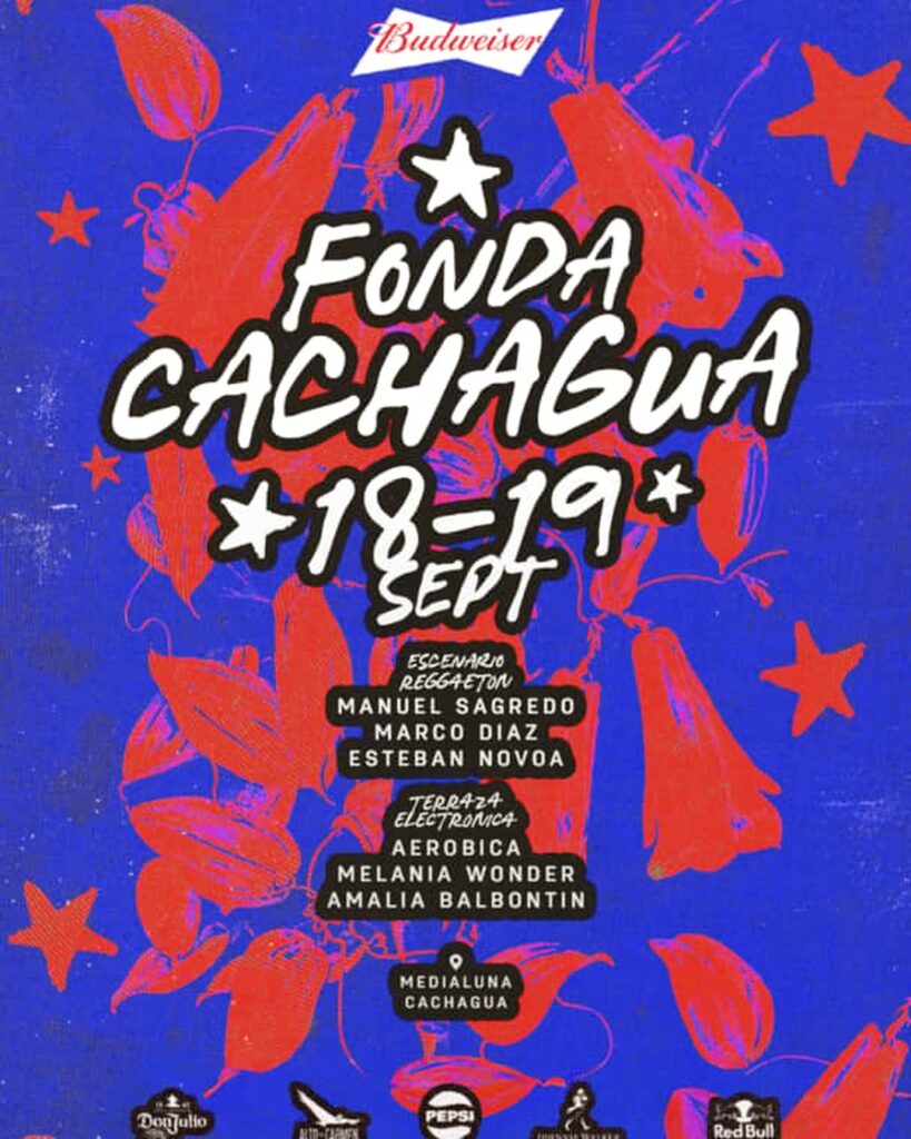 Afiche de la Fonda Medialuna Cachagua, una de las fondas de la Región de Valparaíso con música en vivo el 18 y 19 de septiembre.