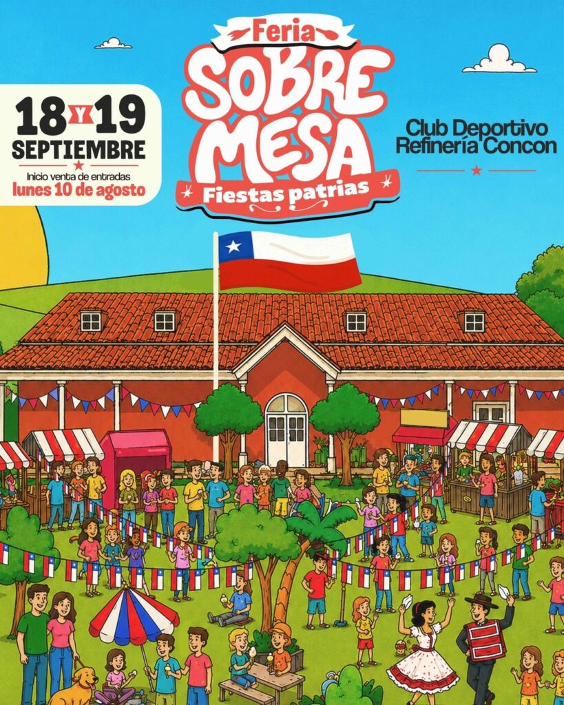 Afiche de la Feria Sobremesa Fiestas Patrias, del 18 y 19 de septiembre en el Club Deportivo Refinería Concón.