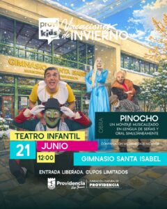 Afiche promocional de la obra Pinocho en Providencia, en el marco de los panoramas gratuitos de las vacaciones de invierno 2026 en Santiago.