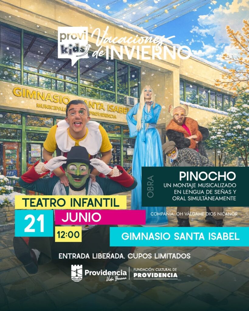 Afiche promocional de la obra Pinocho en Providencia, en el marco de los panoramas gratuitos de las vacaciones de invierno 2026 en Santiago.
