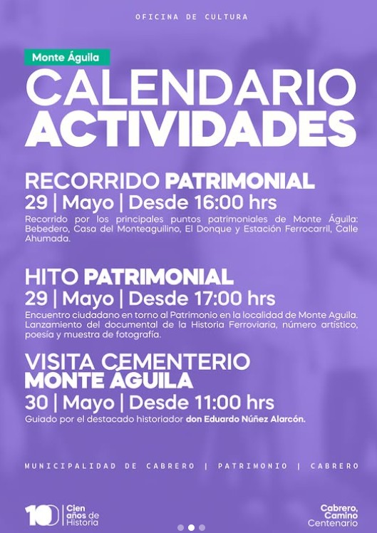 Calendario de actividades por el Día del Patrimonio 2026 en Monte Águila.