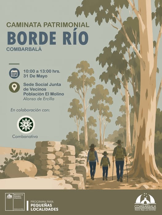 Afiche de la Caminata Borde Río que se realizará en el río Combarbalá por el Día del Patrimonio 2026.