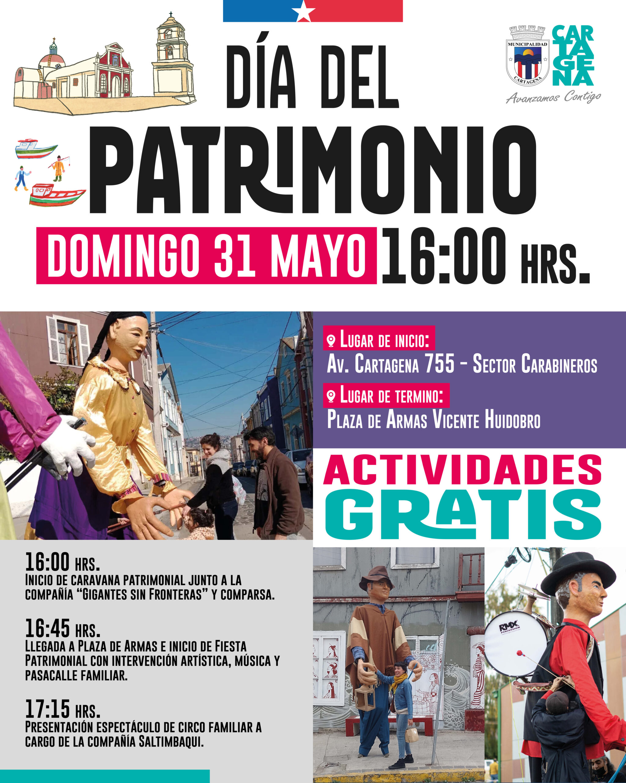 Afiche promocional de la caravana y circo que habrá en Cartagena por el Día del Patrimonio 2026.