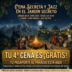 Afiche promocional del evento Cena Secreta y Jazz en el Jardín Secreto que se realizará en Limache.