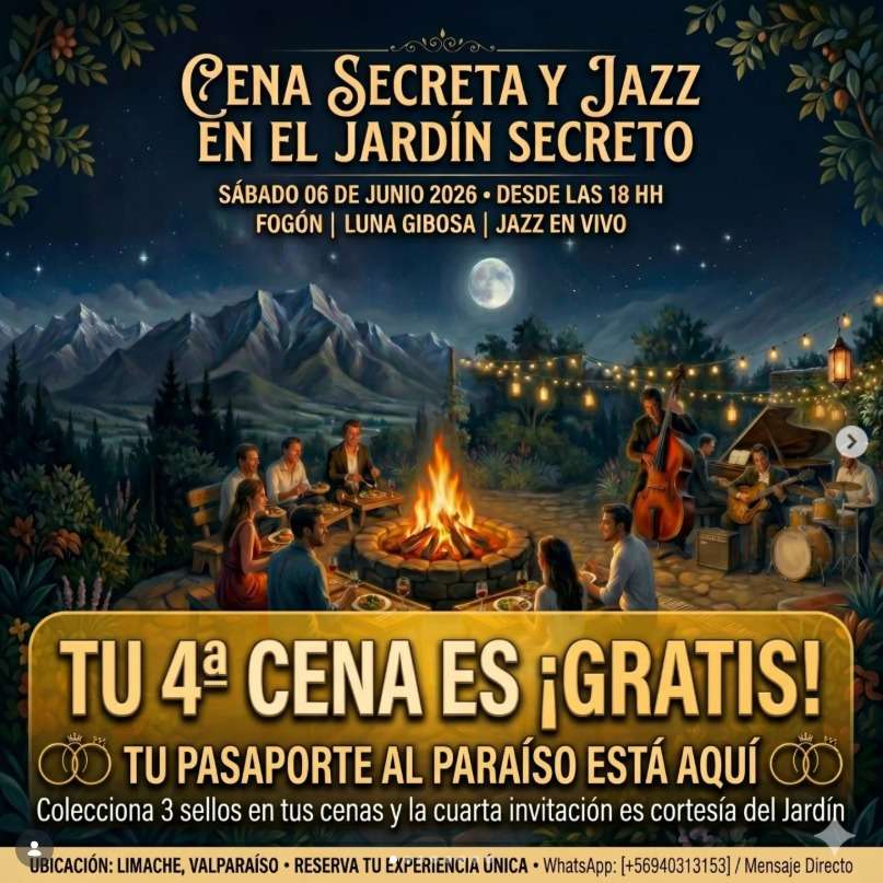 Afiche promocional del evento Cena Secreta y Jazz en el Jardín Secreto que se realizará en Limache.