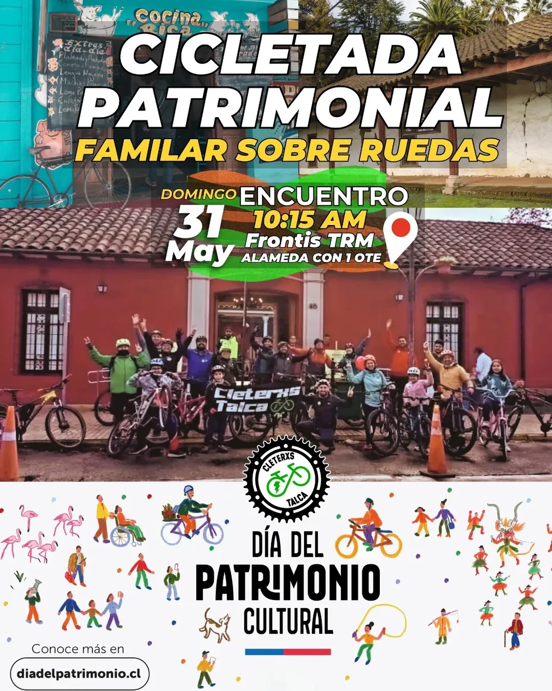 Afiche promocional de la cicletada patrimonial que se realizará en Talca por el Día del Patrimonio 2026.