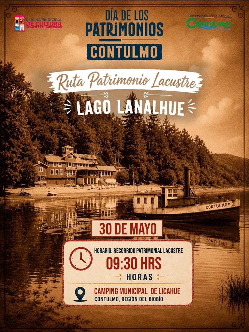 Afiche promocionando la ruta patrimonio lacustre: Lago Lanalhue, que se realizará el 30 de mayo en el Día del Patrimonio.