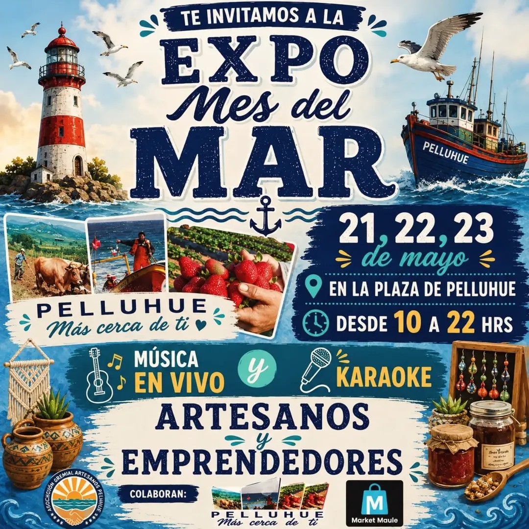 Afiche promocionando la Expo Mes del Mar que se realizará en Pelluhue entre el 21 y el 23 de mayo.