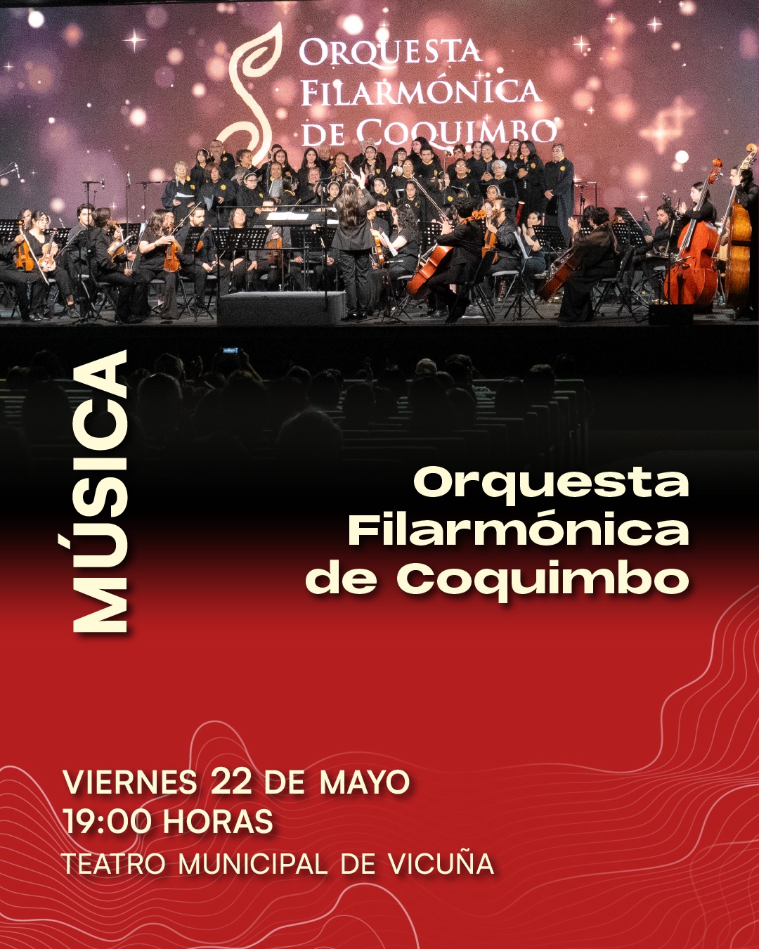 Afiche promocionando la presentación de la Orquesta Filarmónica de Coquimbo en el Teatro Municipal de Vicuña.