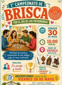 Afiche promocionando el torneo de brisca que se realizará el 30 de mayo por el Día del Patrimonio.