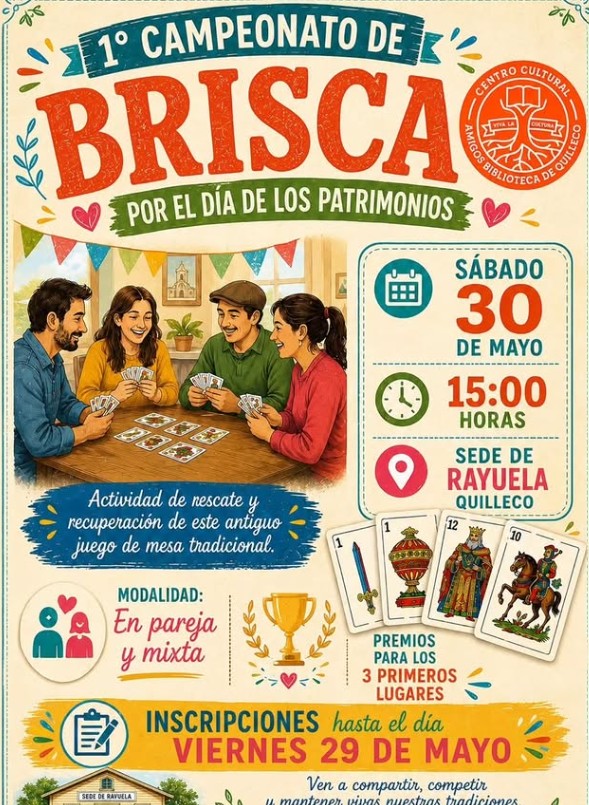 Afiche promocionando el torneo de brisca que se realizará el 30 de mayo por el Día del Patrimonio.