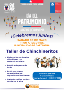 Afiche promocionando el Taller de Chinchineritos que se realizará en Cartagena por el Día del Patrimonio.