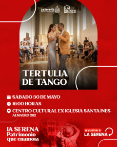 Afiche promocionando la Tertulia de Tango que se realizará el 30 de mayo en el Centro Cultural Santa Inés.