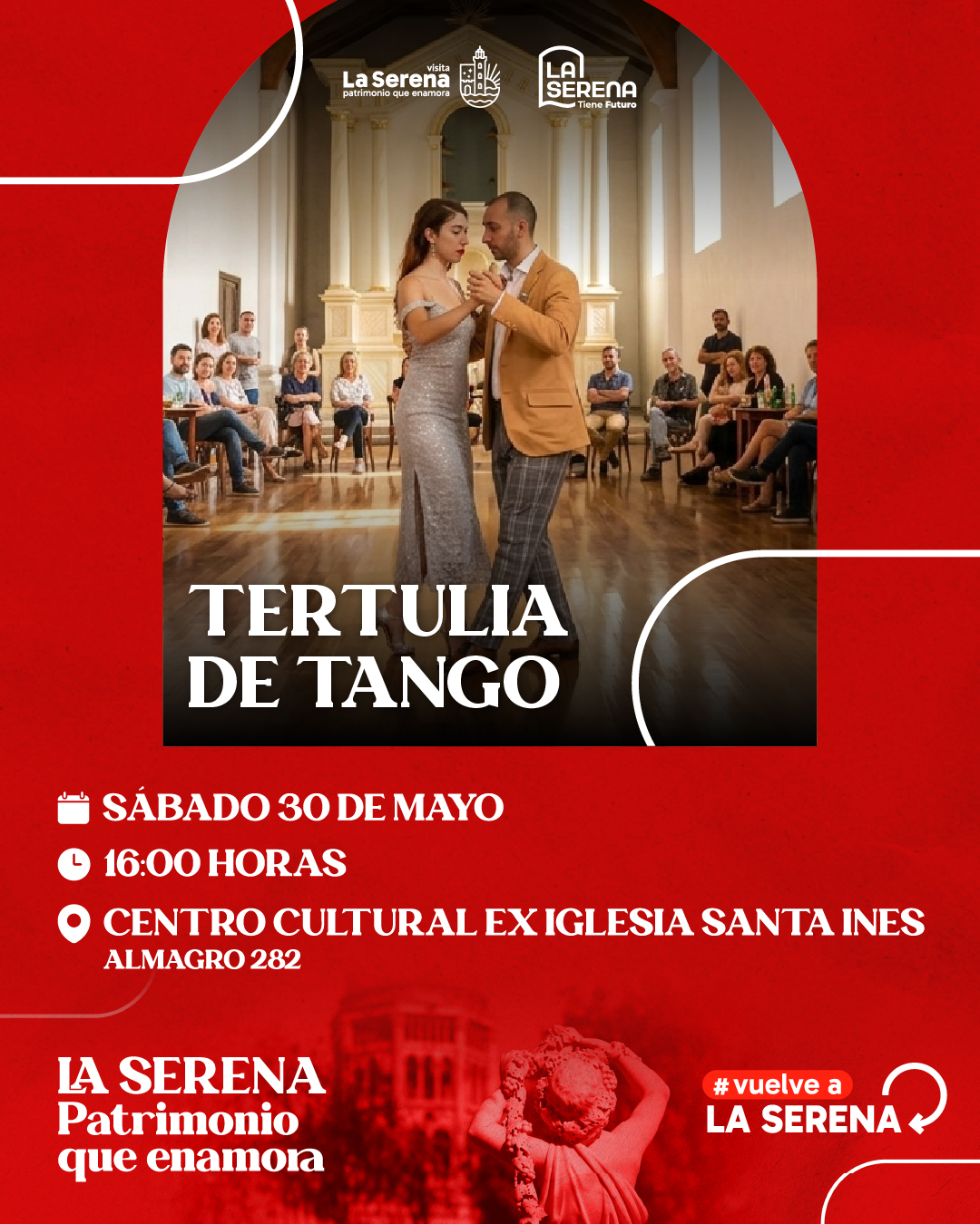 Afiche promocionando la Tertulia de Tango que se realizará el 30 de mayo en el Centro Cultural Santa Inés.