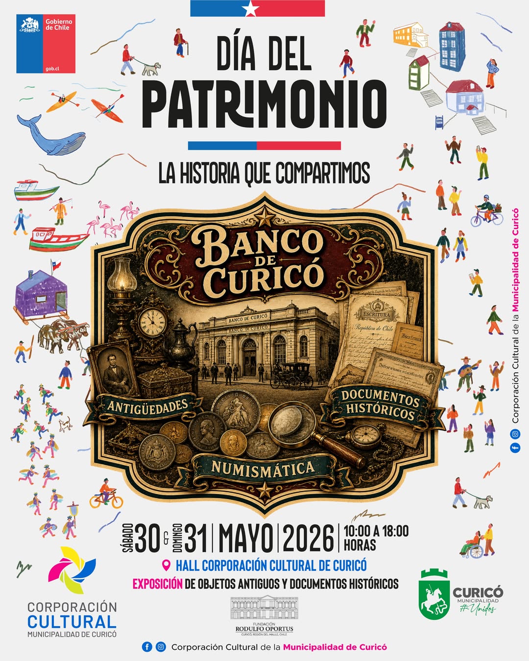Afiche promocionando la exposición en torno al Banco de Curicó por el Día del Patrimonio.