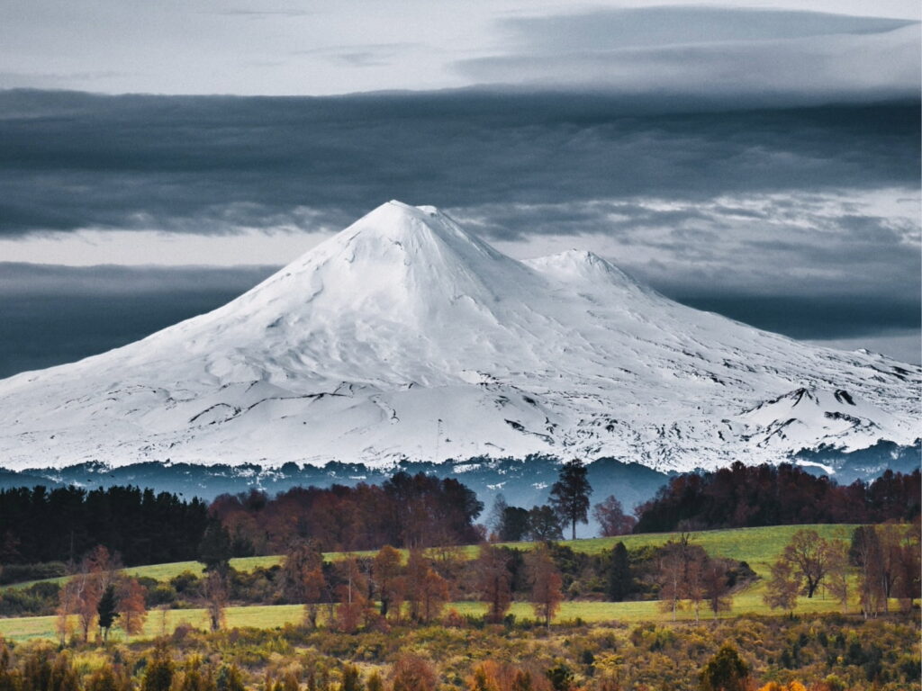 Vista imponente del volcán Llaima completamente cubierto de nieve blanca bajo un cielo tormentoso, dominando un paisaje de praderas verdes y árboles otoñales.