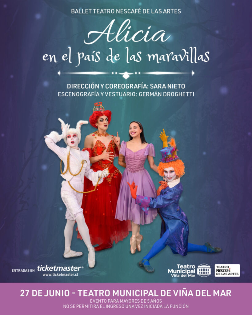 Afiche promocional del ballet Alicia en el País de las Maravillas en el Teatro Municipal de Viña del Mar, mostrando a cuatro bailarines caracterizados con sus trajes.