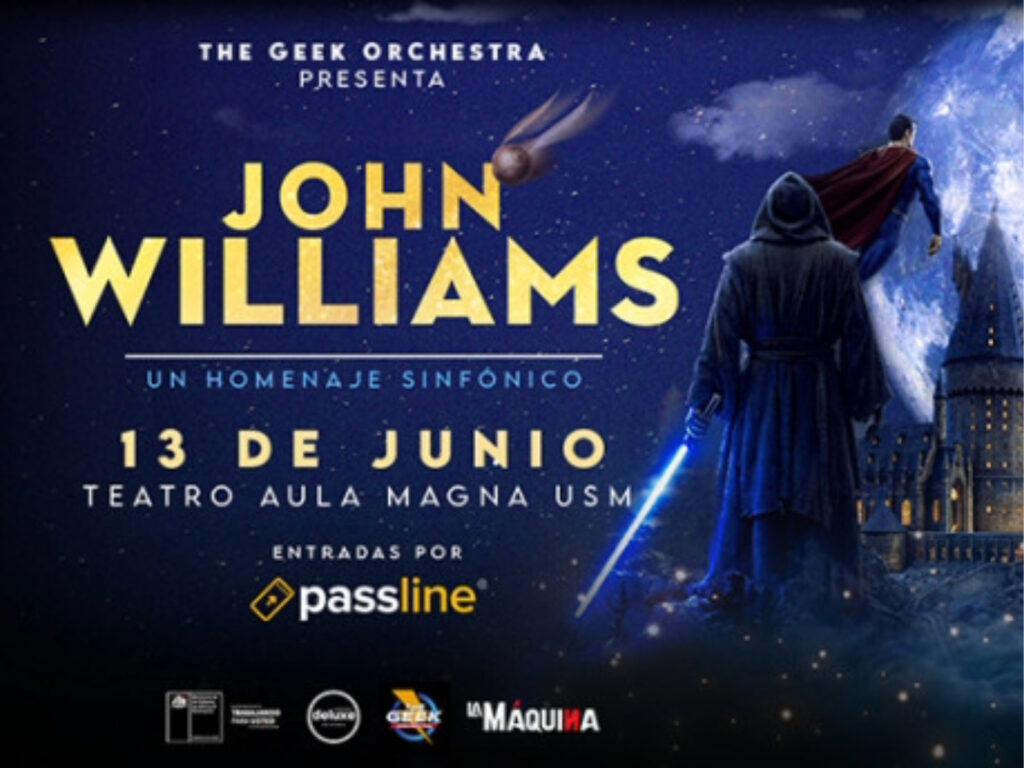 Banner promocional del concierto sinfónico en homenaje a John Williams en el Teatro Aula Magna USM, ilustrado con un Jedi, Superman y el castillo de Hogwarts.