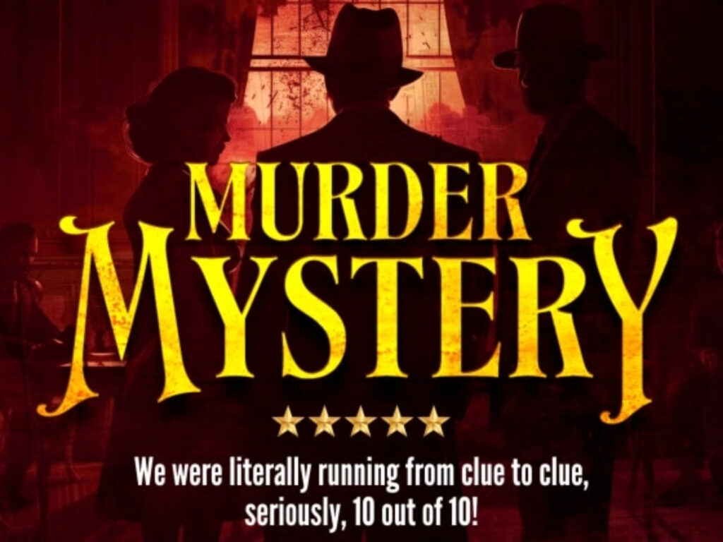 Afiche promocional del juego interactivo de investigación criminal "Murder Mystery", una excelente alternativa de panorama para el Día del Padre en Santiago. La gráfica presenta un diseño de estilo cinematográfico noir en tonos rojos oscuros, mostrando la silueta de espaldas de un detective con sombrero.