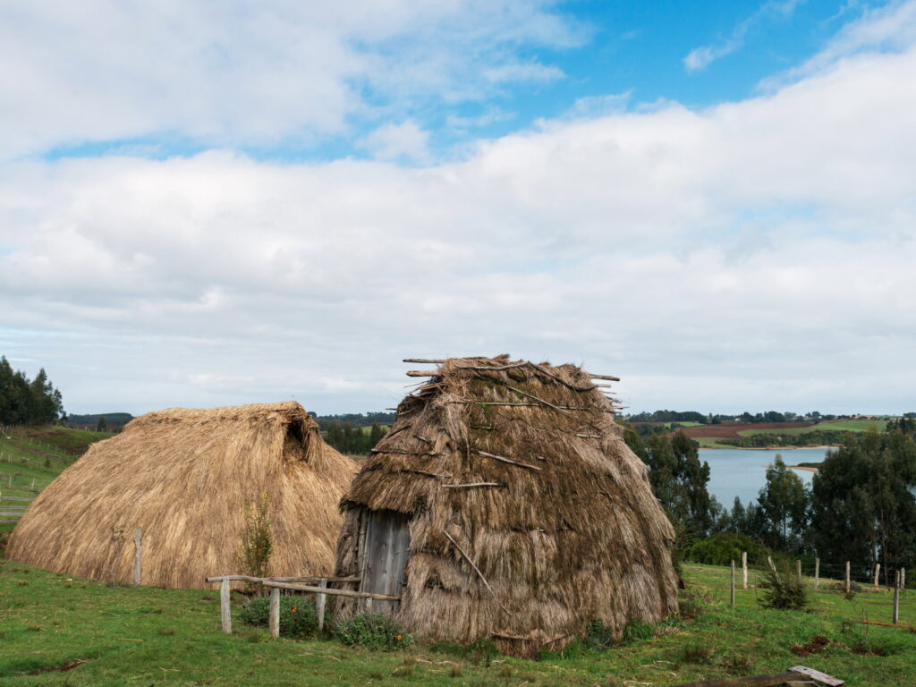 Dos rukas tradicionales con techos de paja construidas sobre una colina verde frente a las tranquilas aguas del Lago Budi, un destino clave de turismo indígena en Chile.