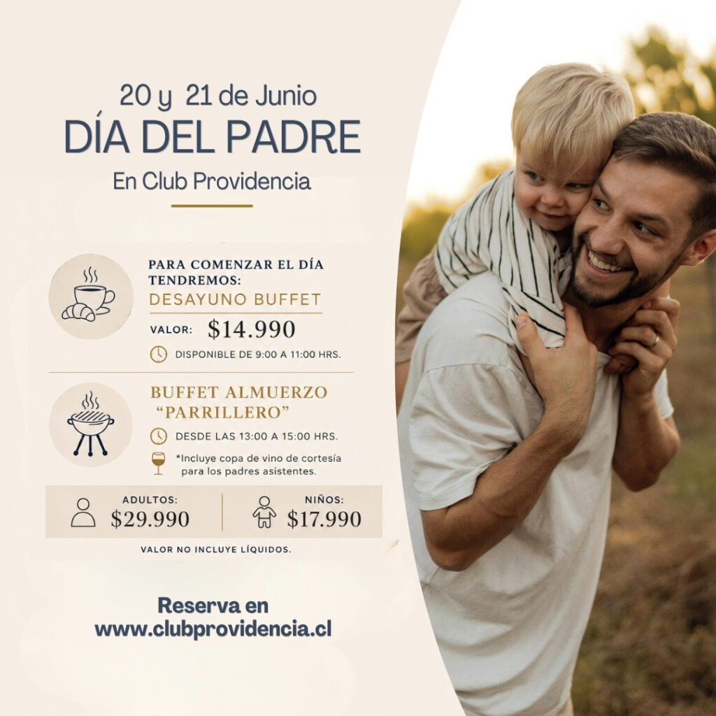 Afiche publicitario de las actividades para el fin de semana del 20 y 21 de junio en el Club Providencia. A la derecha se muestra la fotografía de un padre llevando a su hijo pequeño a caballito, mientras al lado izquierdo se detallan los precios e íconos para el desayuno buffet y el almuerzo buffet parrillero. 