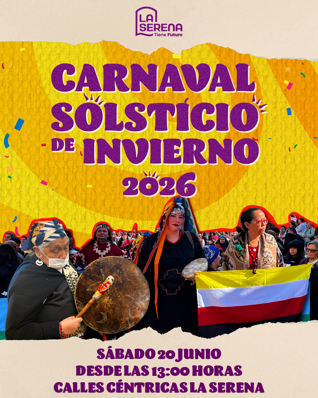 Afiche oficial del evento Carnaval Solsticio de Invierno 2026 en La Serena, que muestra la fecha, hora y punto de partida del pasacalle.