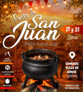 Afiche del evento Fiesta de San Juan 2026 en la comuna de Santa Juana, que detalla las fechas, horarios y actividades folclóricas.