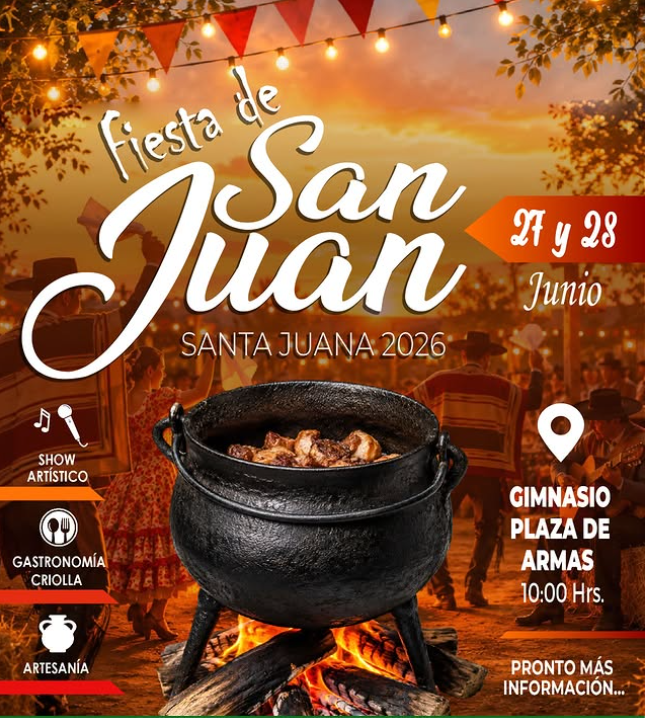 Afiche del evento Fiesta de San Juan 2026 en la comuna de Santa Juana, que detalla las fechas, horarios y actividades folclóricas.
