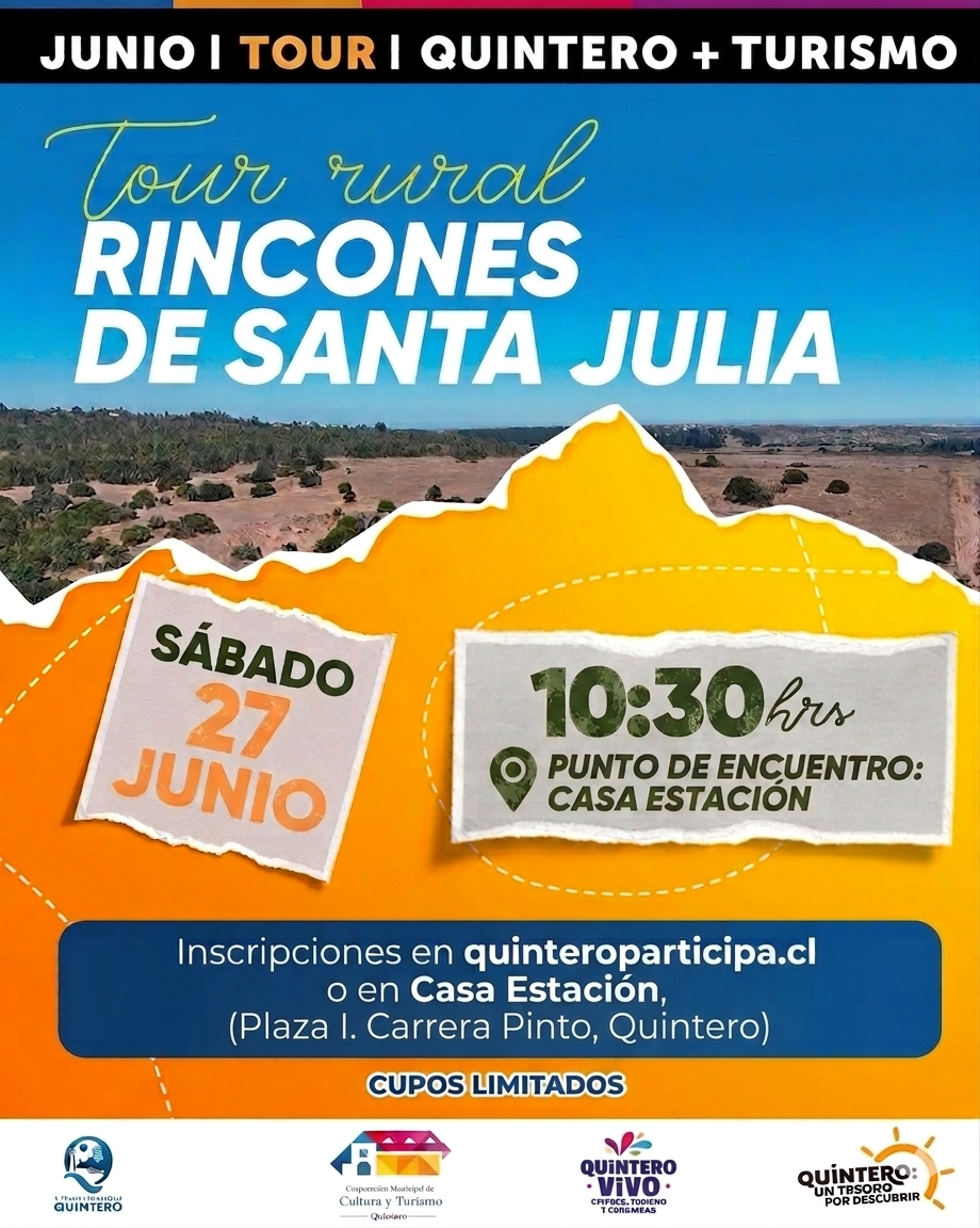 Afiche oficial del evento Tour Rincones de Santa Julia, que indica el horario y detalles de la caminata en Quintero.
