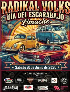 Afiche oficial del evento RADIKAL VOLKS "DÍA DEL ESCARABAJO" en el Parque Brasil de Limache, con horarios para expositores y público.