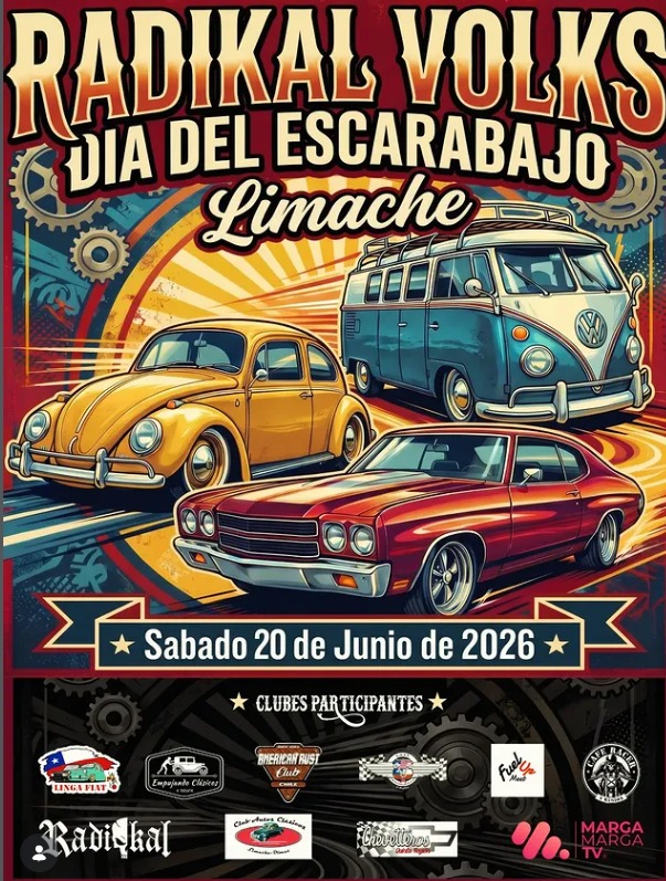 Afiche oficial del evento RADIKAL VOLKS "DÍA DEL ESCARABAJO" en el Parque Brasil de Limache, con horarios para expositores y público.