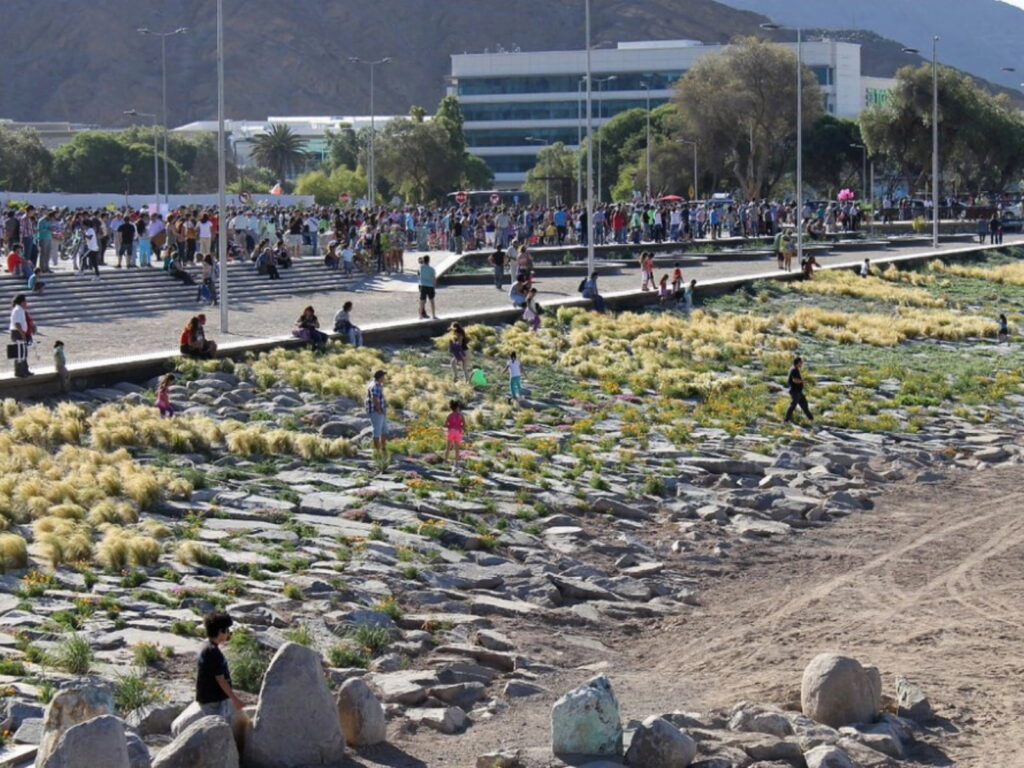 Familias reunidas junto al río Copiapó en el Parque Kaukari, con áreas verdes, senderos de piedra y cerros áridos de fondo.