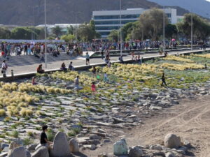 Familias reunidas junto al río Copiapó en el Parque Kaukari, con áreas verdes, senderos de piedra y cerros áridos de fondo.
