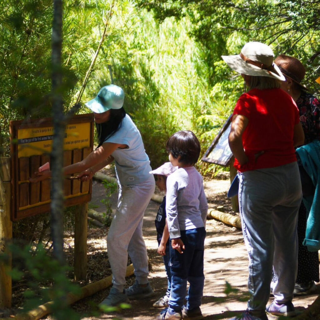 Una familia observando un panel informativo sobre flora y fauna junto al sendero del bosque nativo en Valle Las Trancas.