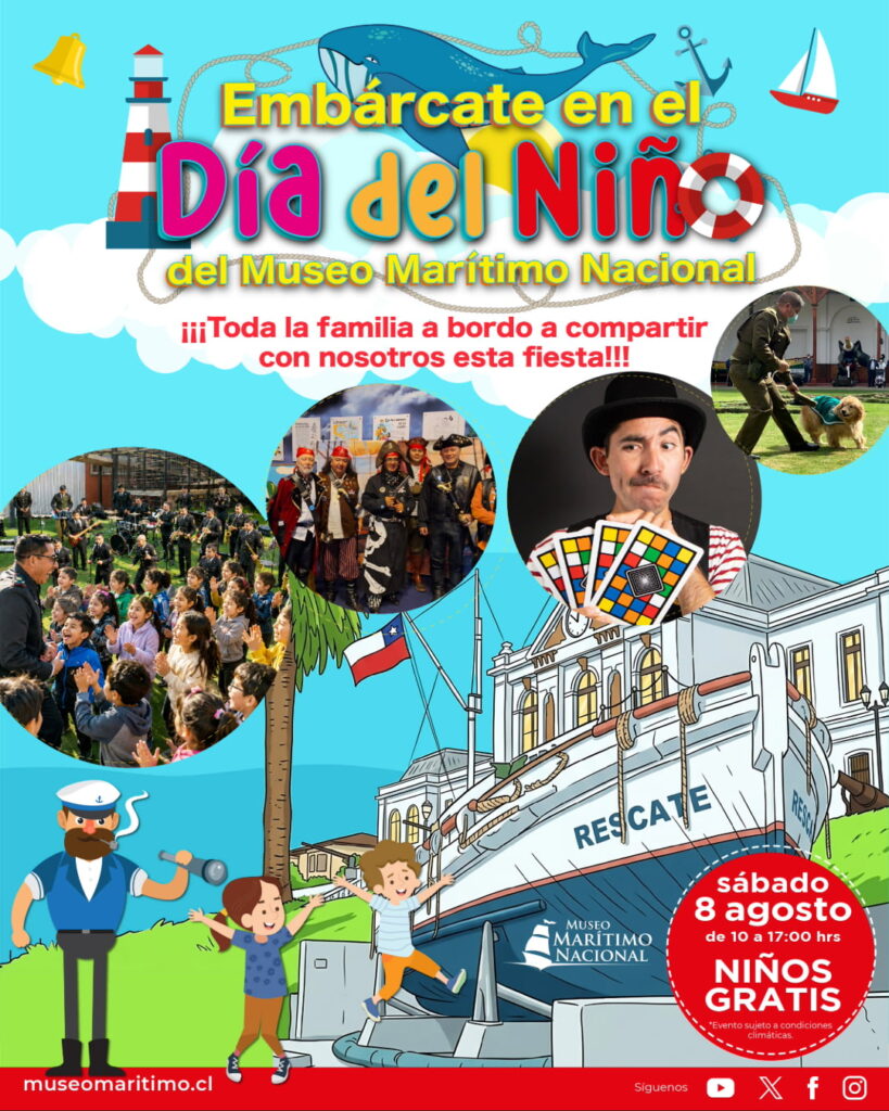 Afiche del Día del Niño en el Museo Marítimo Nacional, con ilustraciones de un capitán y niños celebrando junto a fotografías de la banda de músicos, piratas caracterizados y un perro policial en la actividad.