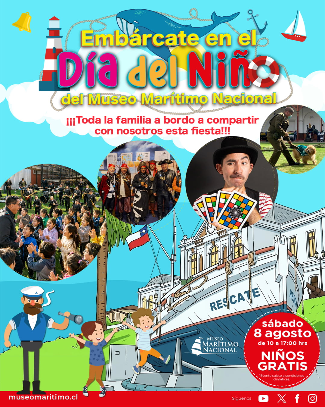 Afiche del Día del Niño en el Museo Marítimo Nacional, con ilustraciones de un capitán y niños celebrando junto a fotografías de la banda de músicos, piratas caracterizados y un perro policial en la actividad.