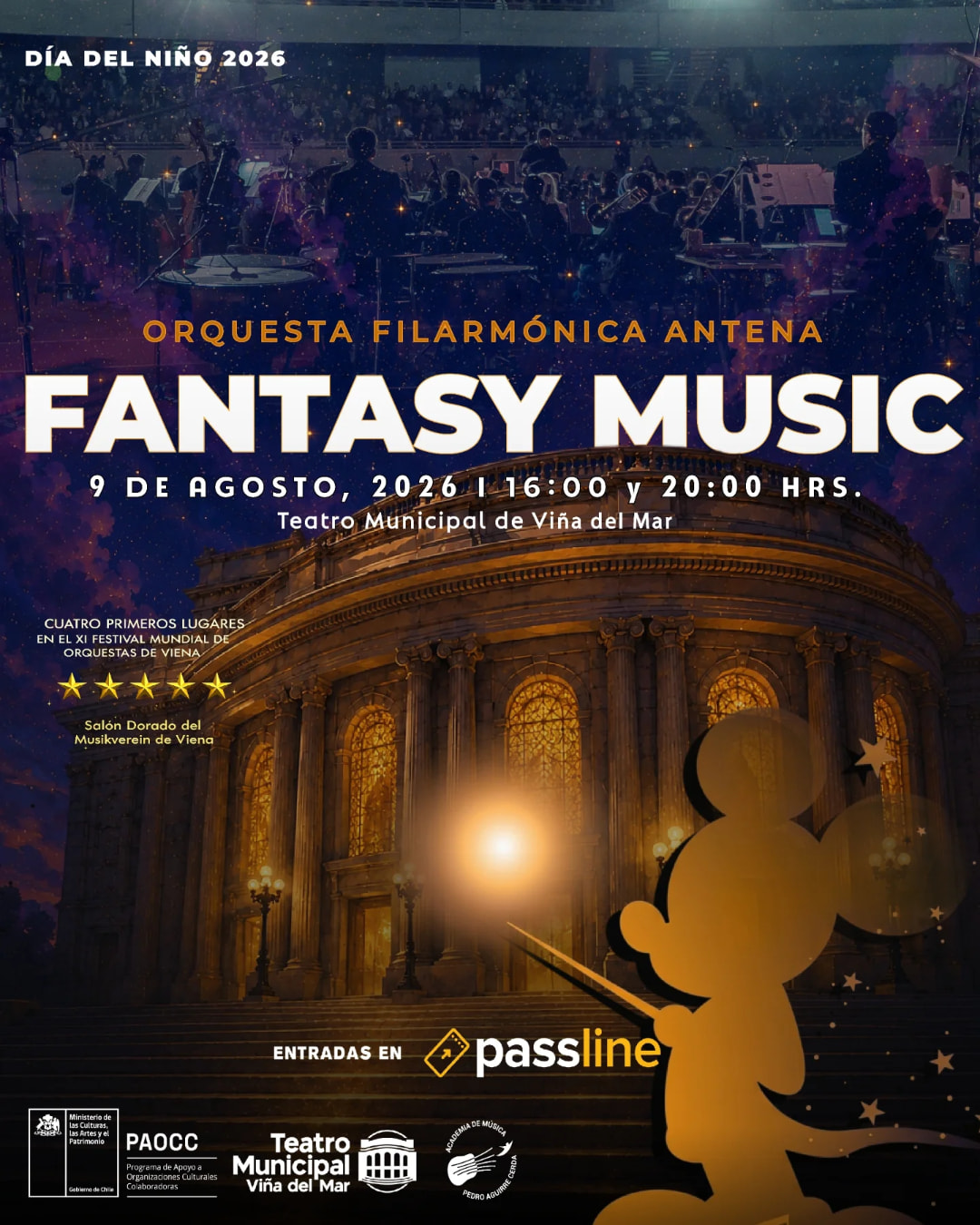 Afiche del concierto "Fantasy Music" de la Orquesta Filarmónica Antena en el Teatro Municipal de Viña del Mar, con la silueta de Mickey Mouse dirigiendo una orquesta frente a la fachada iluminada del teatro.