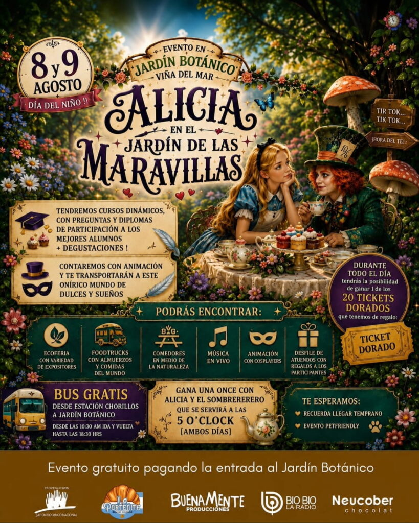 Afiche del evento "Alicia en el Jardín de las Maravillas" en el Jardín Botánico de Viña del Mar, con ilustraciones de Alicia y el Sombrerero Loco en una mesa de té, rodeados de flores y hongos fantásticos.
