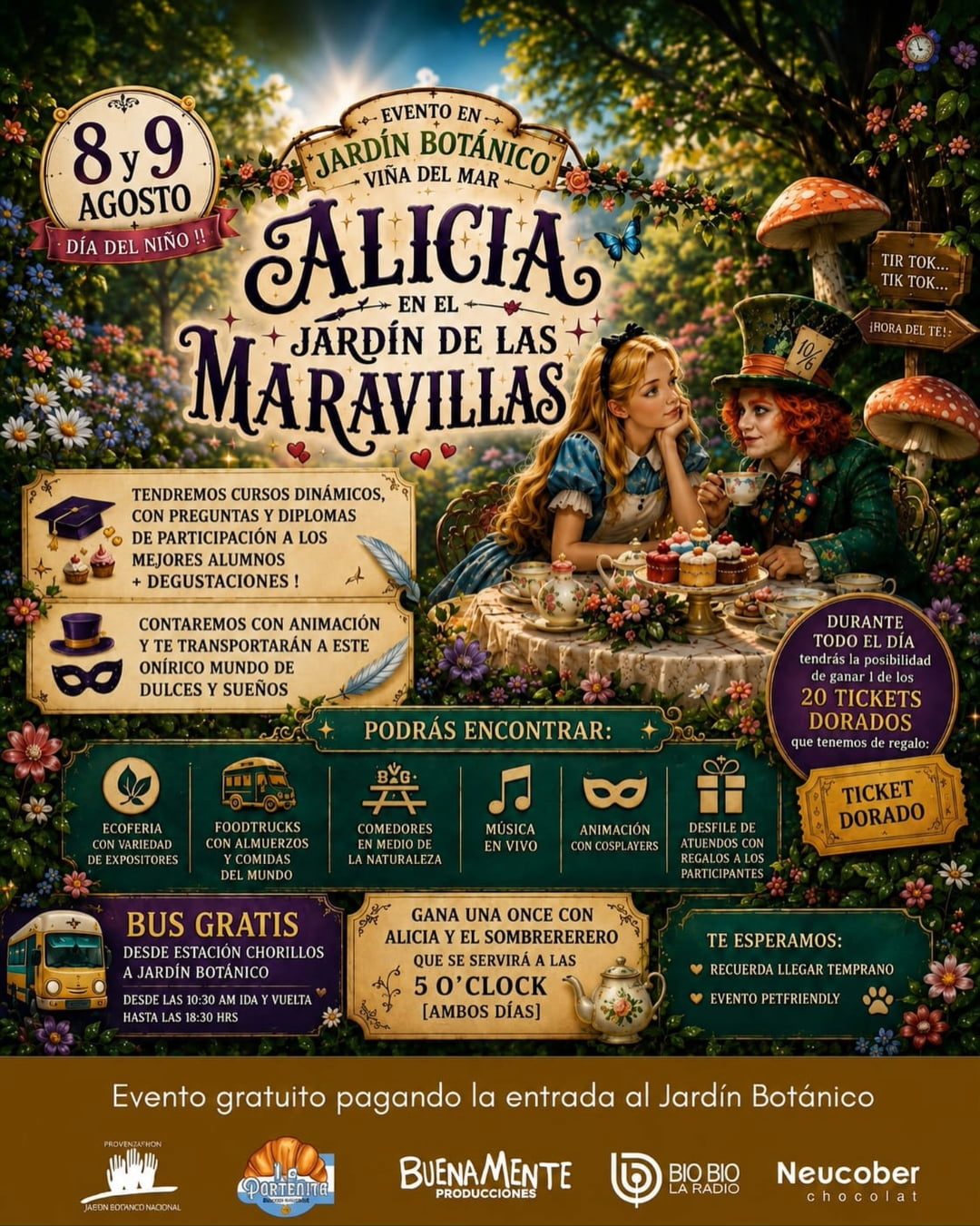 Afiche del evento "Alicia en el Jardín de las Maravillas" en el Jardín Botánico de Viña del Mar, con ilustraciones de Alicia y el Sombrerero Loco en una mesa de té, rodeados de flores y hongos fantásticos.