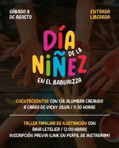 Afiche del "Día de la Niñez en el Baburizza", con manos de niños pintadas de colores sobre una mesa de madera y la información del cuentacuentos y taller de ilustración.