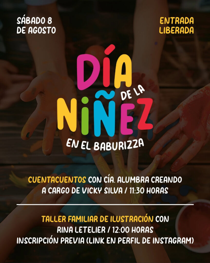 Afiche del "Día de la Niñez en el Baburizza", con manos de niños pintadas de colores sobre una mesa de madera y la información del cuentacuentos y taller de ilustración.