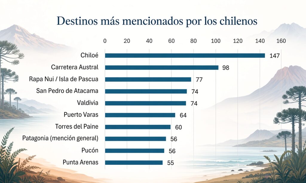 Imágen hecha con Claude con los destinos más mencionados por chilenos en un post de Facebook de Chile es Tuyo sobre cuál es tu lugar favorito. En primer lugar está Chiloé, con 147 menciones, y le sigue Carretra Austral, con 98 menciones.