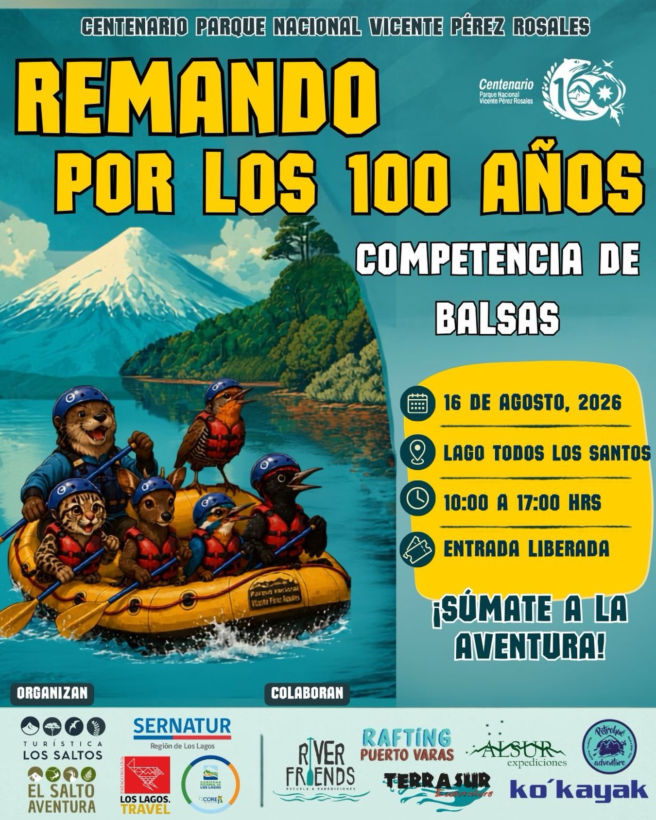 Afiche promocional Remando por los 100 años del PN Vicente Pérez Rosales.