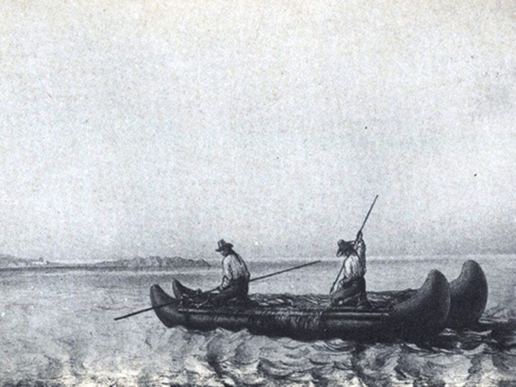Dibujo antiguo de dos hombres remando en una balsa de cuero de lobo marino en el litoral del norte de Chile.