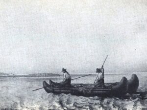 Dibujo antiguo de dos hombres remando en una balsa de cuero de lobo marino en el litoral del norte de Chile.