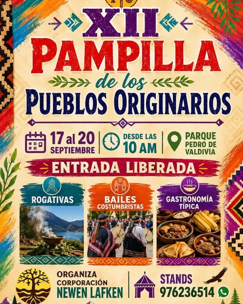 Afiche de la XII Pampilla de los Pueblos Originarios en el Parque Pedro de Valdivia, La Serena, con rogativas, bailes costumbristas y gastronomía típica, del 17 al 20 de septiembre.